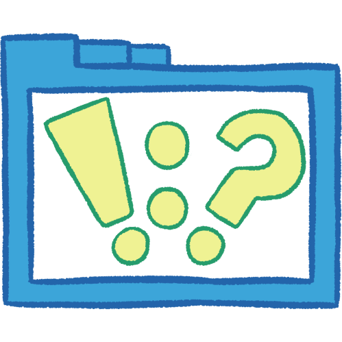 a hollow blue folder with thick lineart. inside is an exclamation point, a colon, and a question mark. the exclamation point and question mark are at diagonal angles, and the bottom dot of each symbol is next to that of the others, forming a three-point pyramid. all of the symbols have green lineart and a pale green filling.